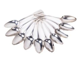 A set of 10 Irish and English fiddle pattern crested (uniformly) silver Serving Spoons, by Matthew