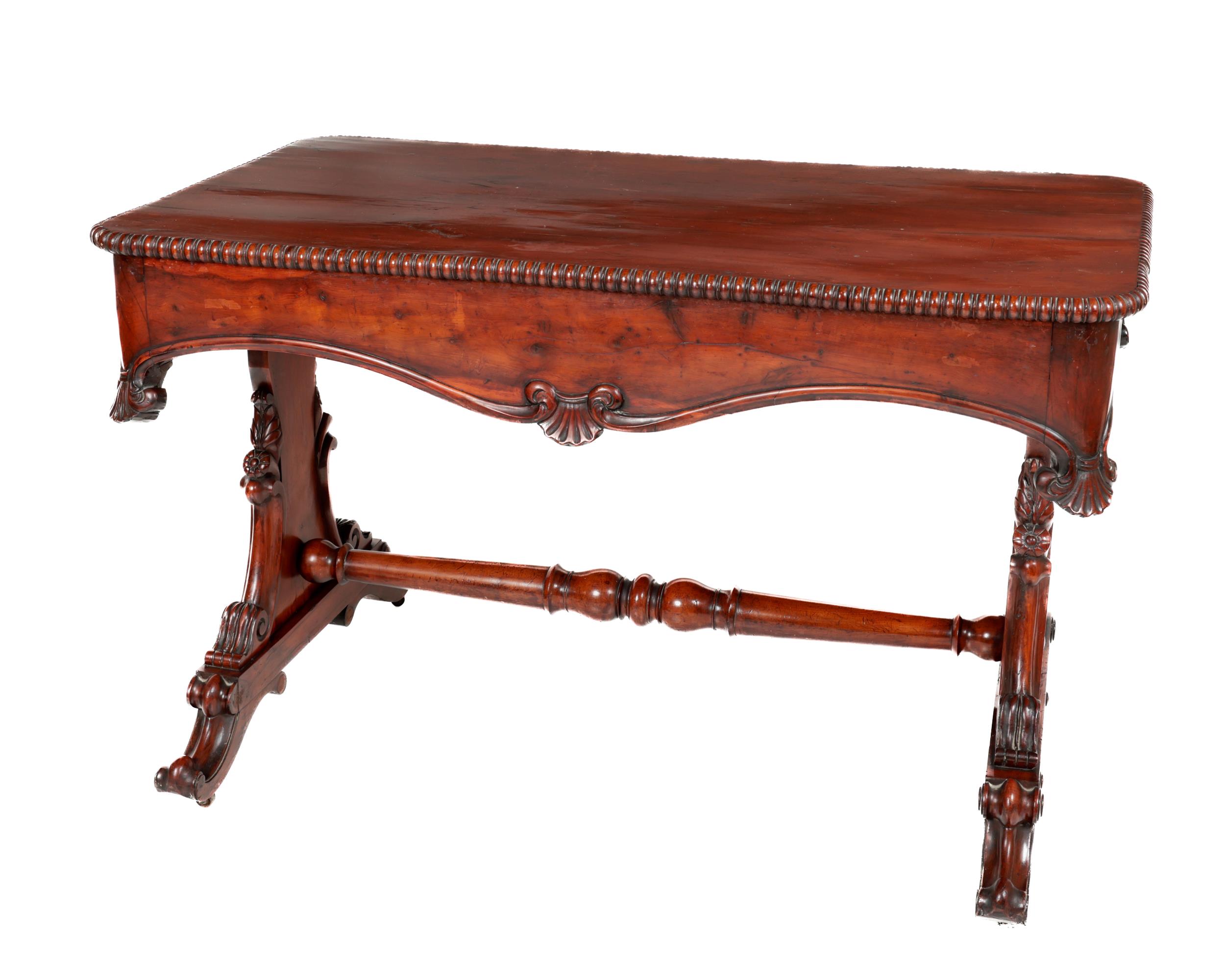 A fine quality Victorian Irish yew wood rectangular Centre Table, the plain top with beadwork edge