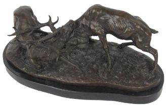After P.J. Mene, French (1810-1879) "Fighting Stags," bronze, approx. 46cms x 20cms (18" x 8"), on