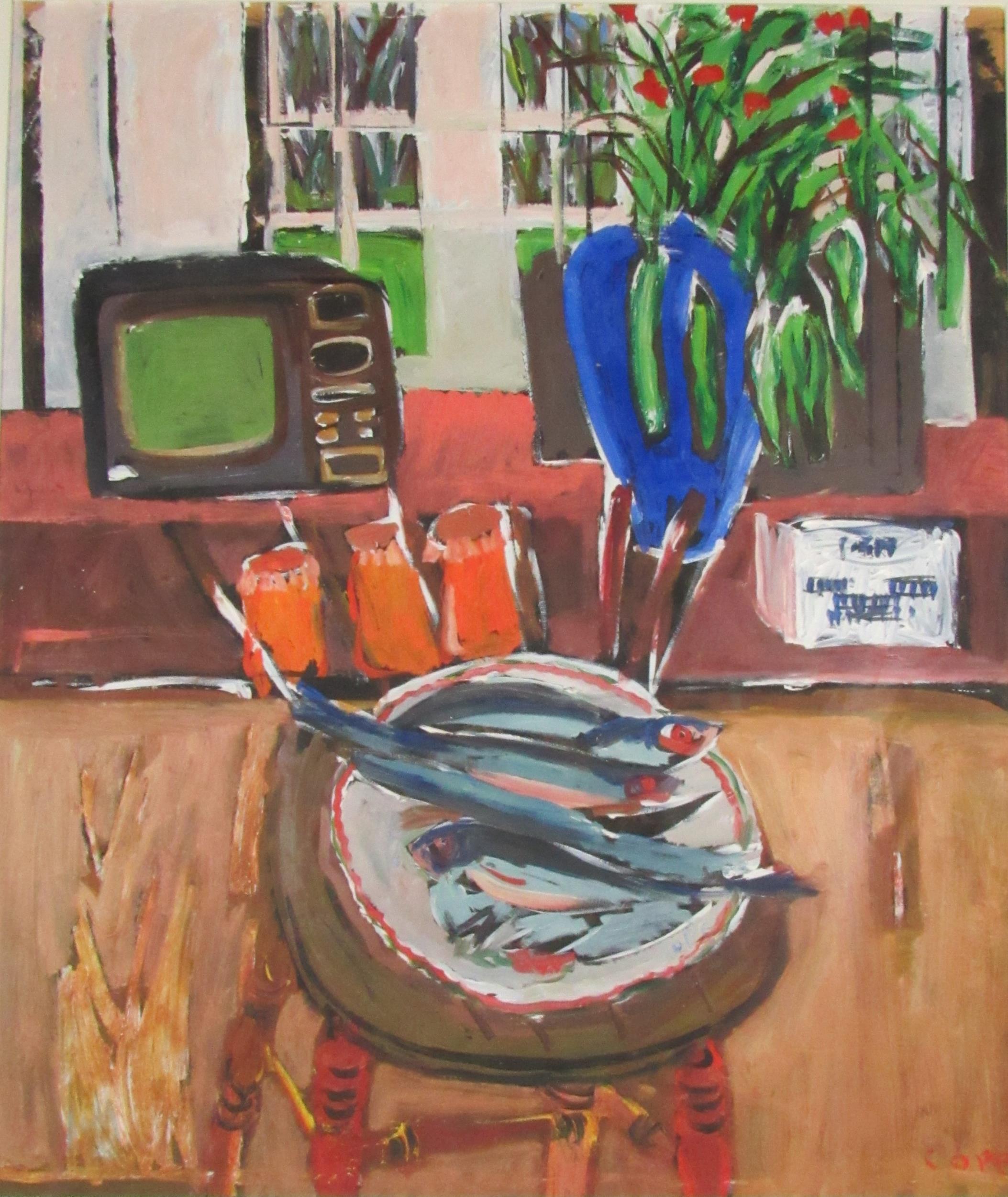 Elizabeth Cope, Irish (b. 1952) "T.V., Marmalade & Herrings," O.O.B., Still Life, approx. 102cms x