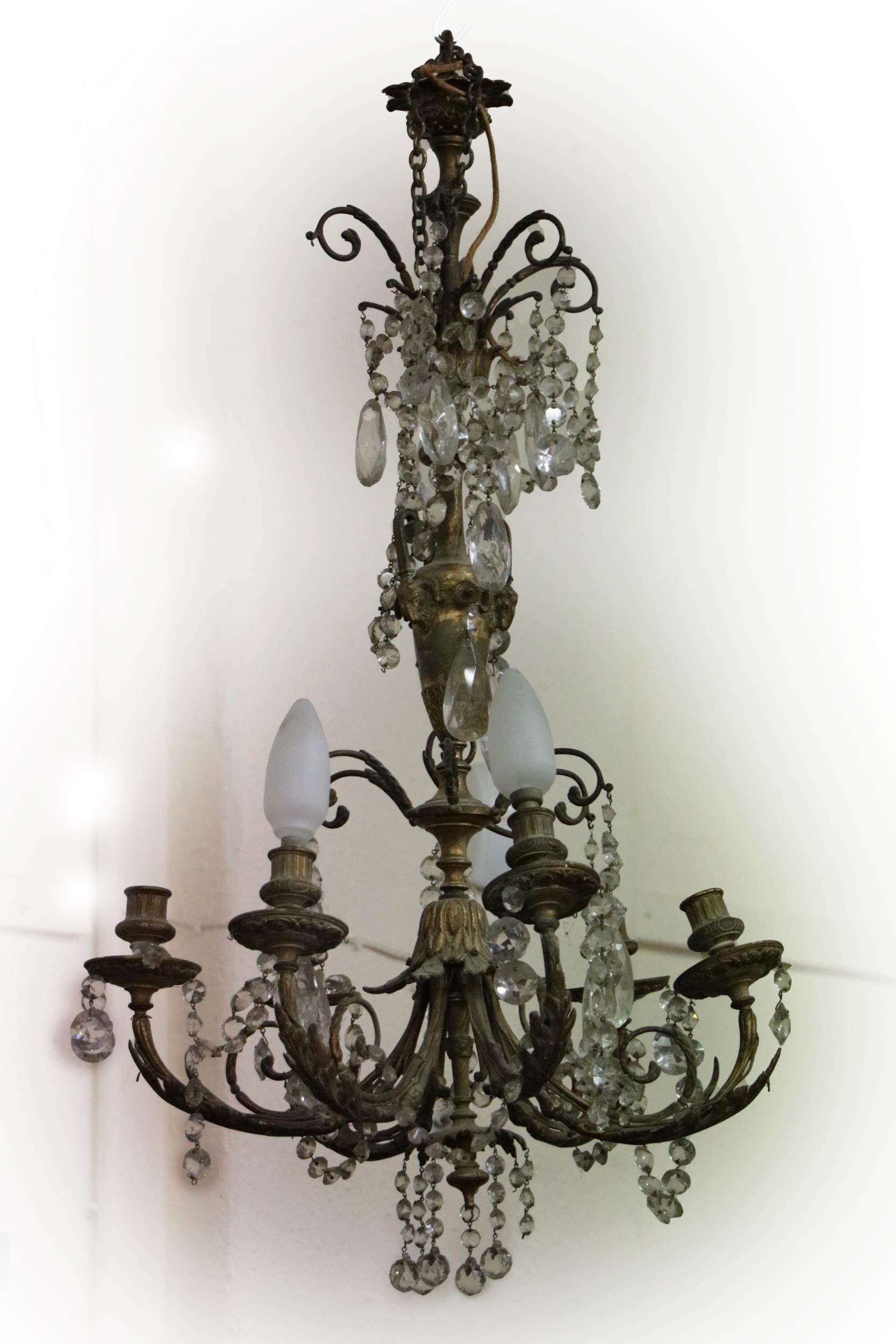 A Regency period six branch ormolu Ceiling Light, with multiple cutglass chains and drops, approx.
