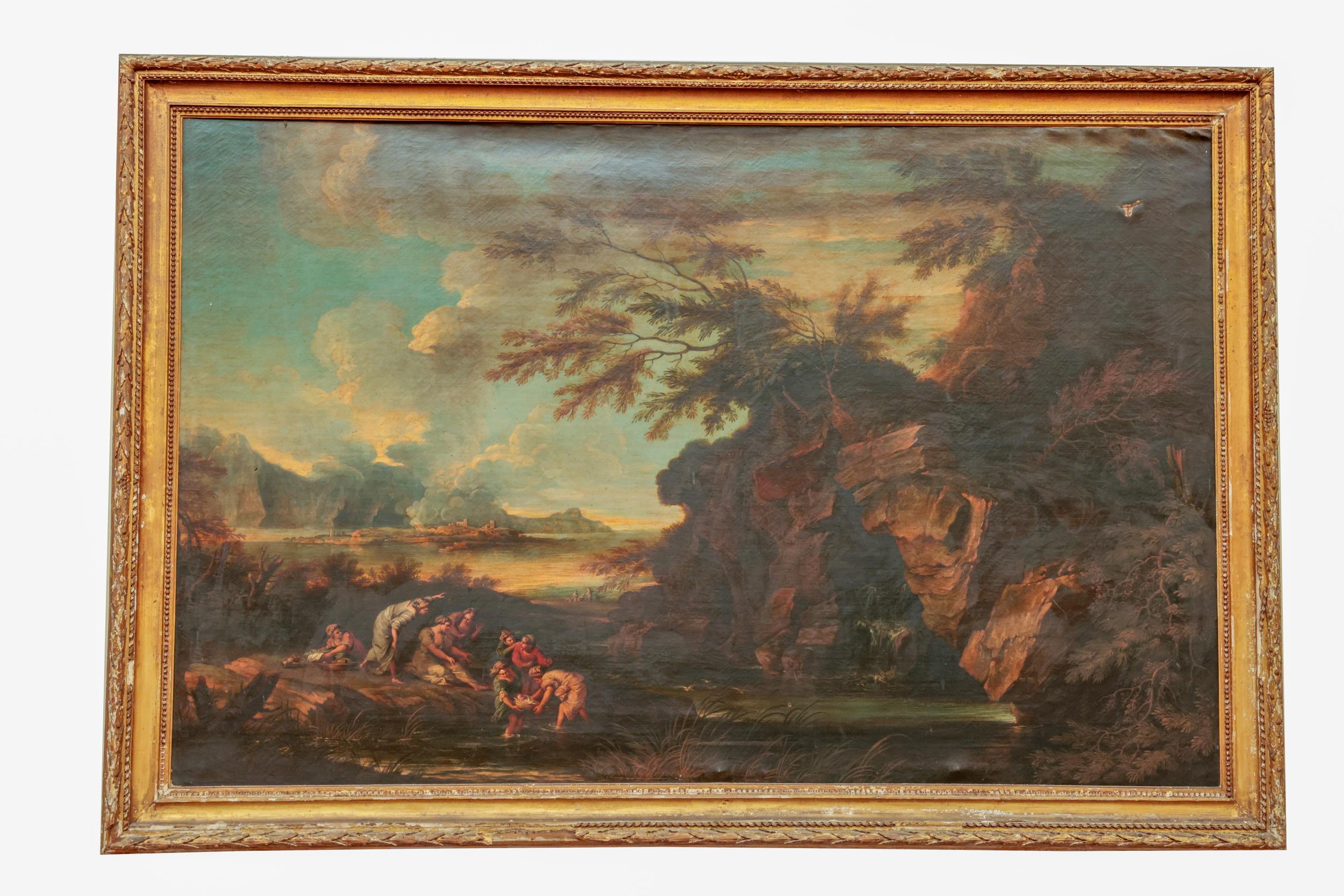 Follower of Salvator Rosa (1615-1673) "Finding Moses," O.O.C., approx. 132cms high x 206cms wide (