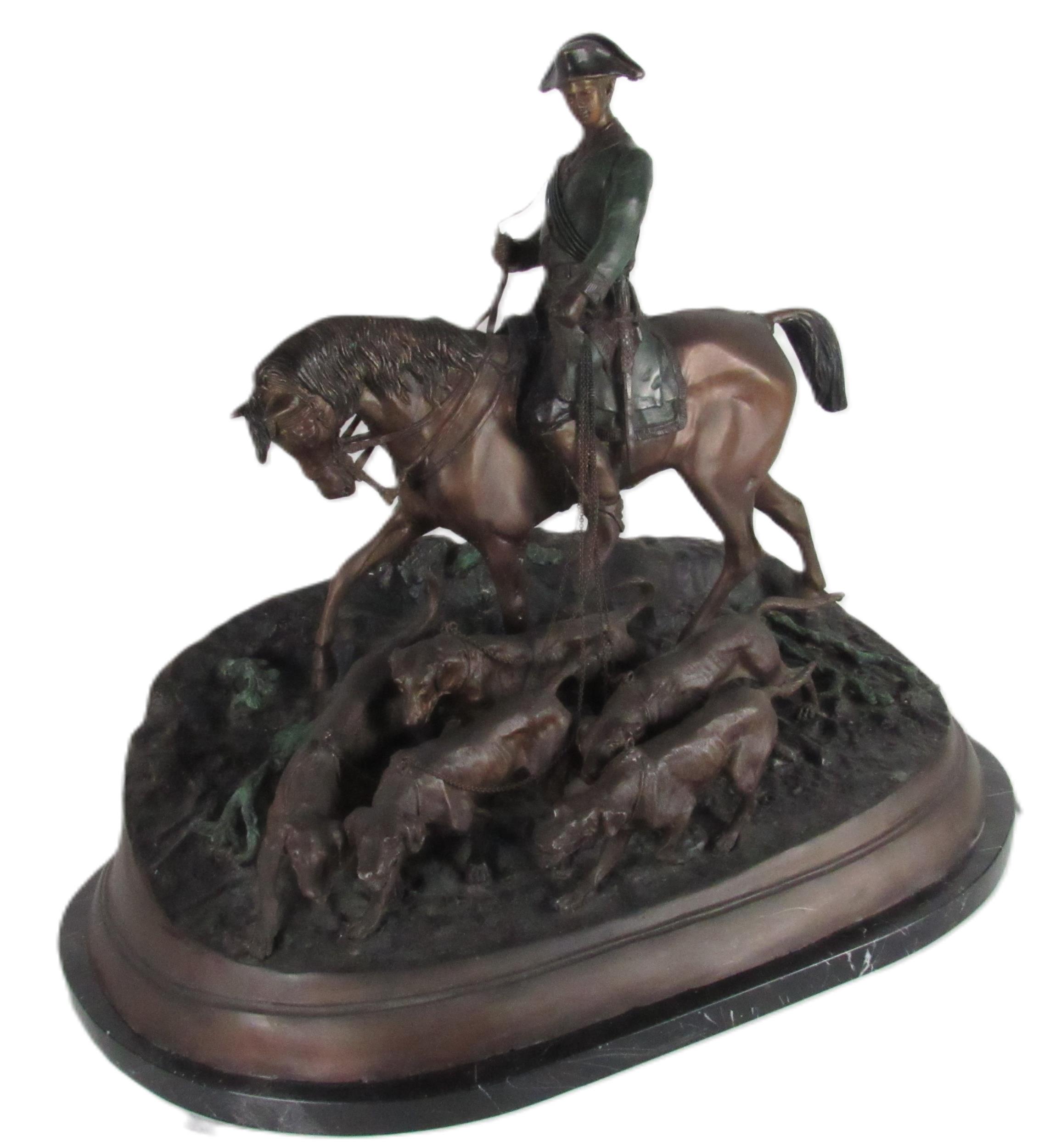 After P.J. Mene (French 1810-1879) Bronze depicting a Huntsman on horseback leading a pack of dogs