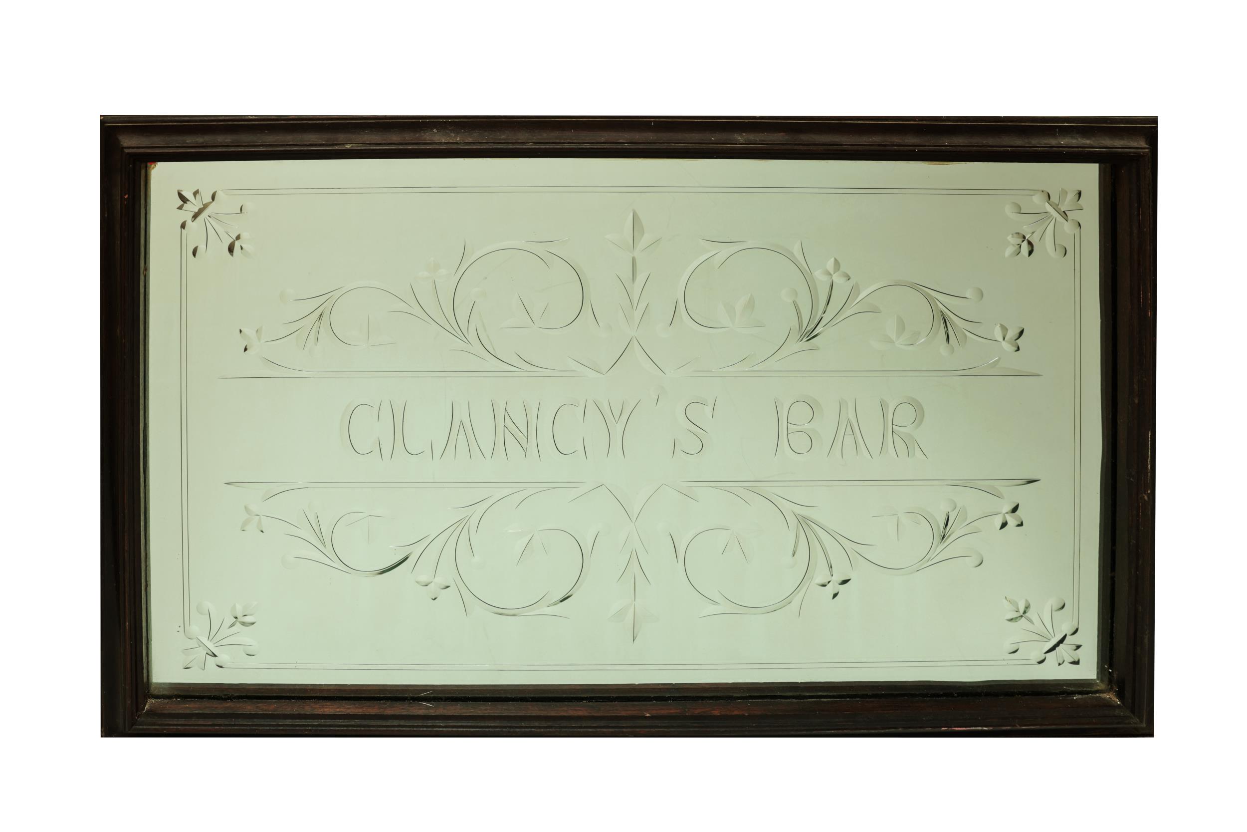 A custom made etched glass Pub Mirror, for Clancy's Bar Cork City, 81cms x 120cms (32" x 47") in