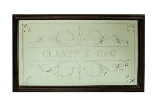 A custom made etched glass Pub Mirror, for Clancy's Bar Cork City, 81cms x 120cms (32" x 47") in