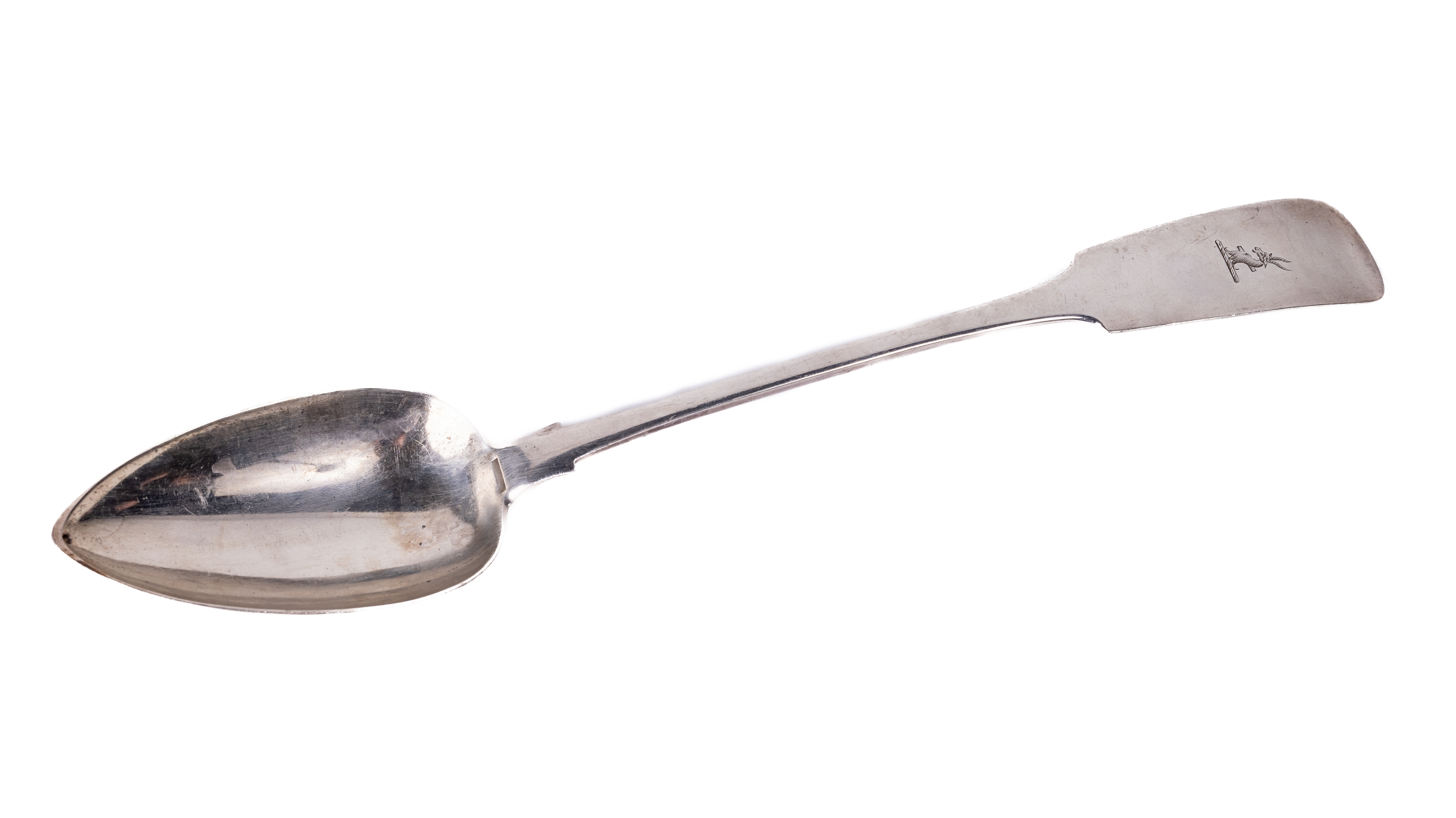A rare Irish Georgian period Provincial fiddle pattern design silver Serving Spoon, (crested), by