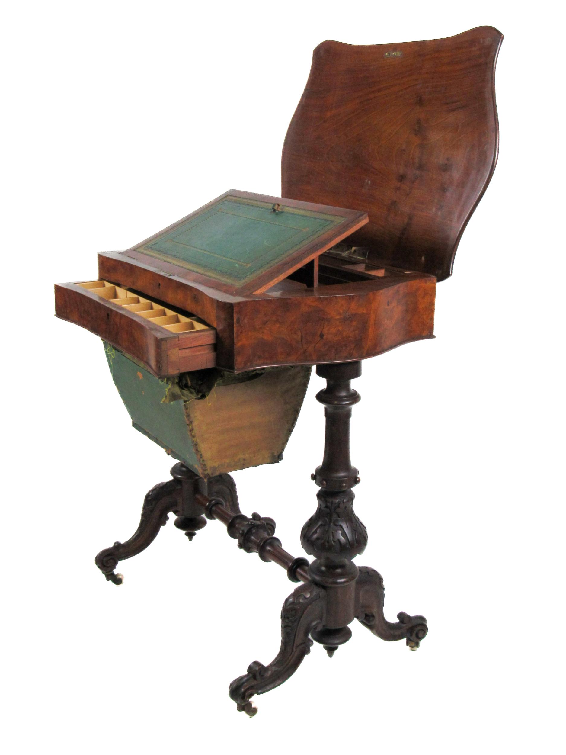 A Victorian serpentine shaped Ladies walnut Work / Writing Table, the hinged top opening to reveal a - Image 2 of 2