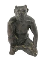 A Medieval heavy bronze Figure, of a seated horned figure or demon, repaired (head loose), approx.
