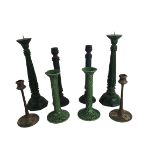 A pair of tall wooden pillar design green painted Pricket Candlesticks, approx. 36cms (14") tall;