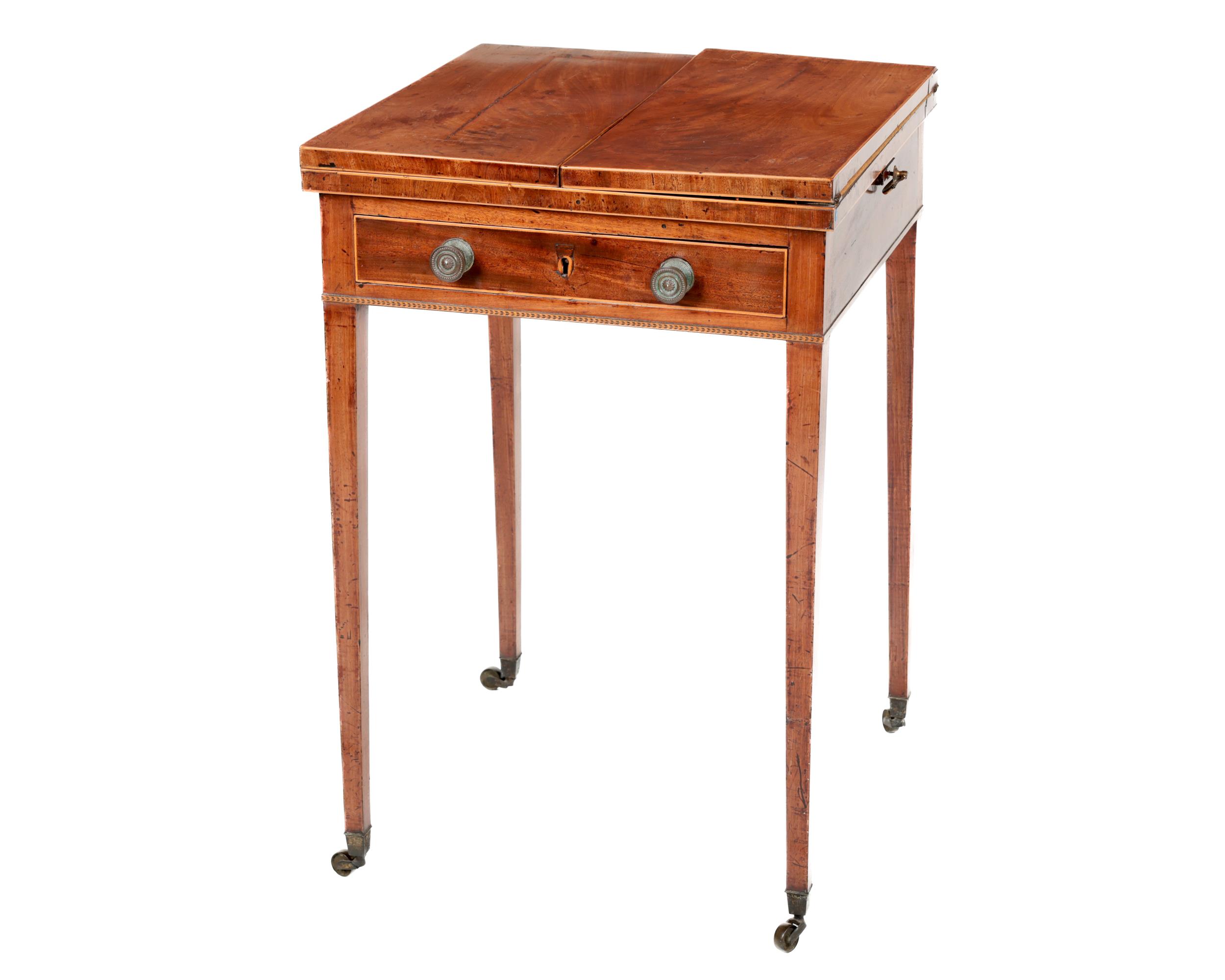 A Regency period mahogany square top fold-out Card Table, the top with satinwood string inlay, above - Image 2 of 2