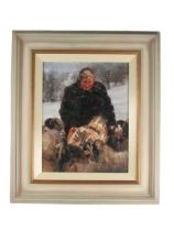 Mark O'Neill, Irish (b. 1963) "Feeding Sheep in the Snow," O.O.B., Shepherdess in snowy landscape