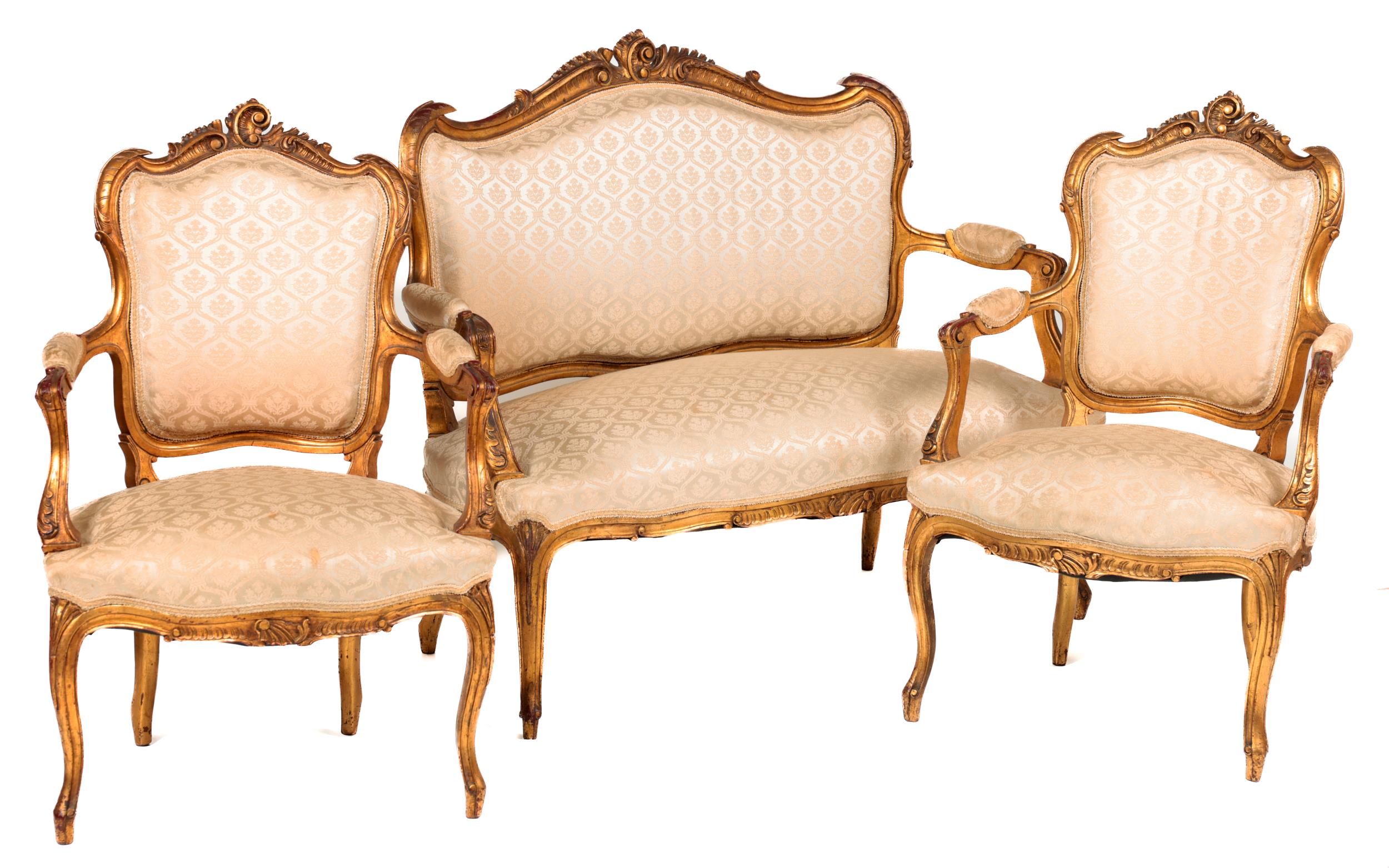 A French style five piece giltwood Parlour Suite, comprising a two seater Settee, a pair of