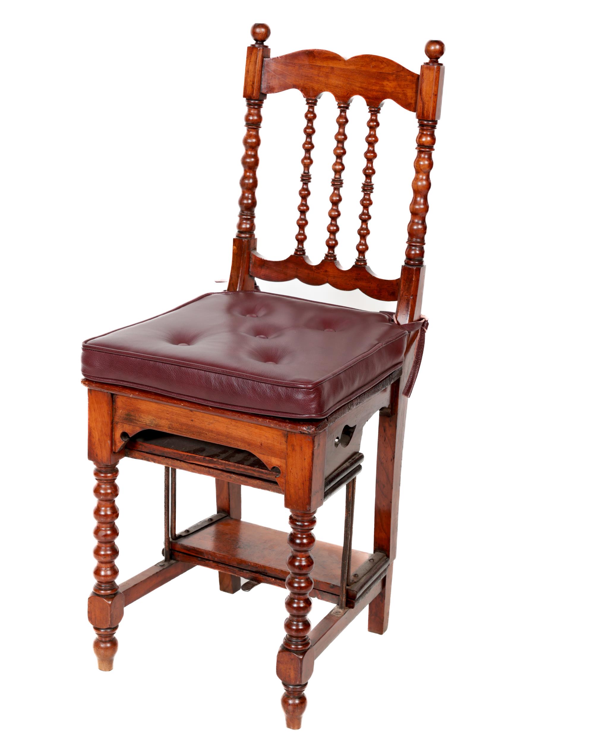 A 19th Century oak metamorphic Library Steps/Chair, the seat with open back and bobbin turned