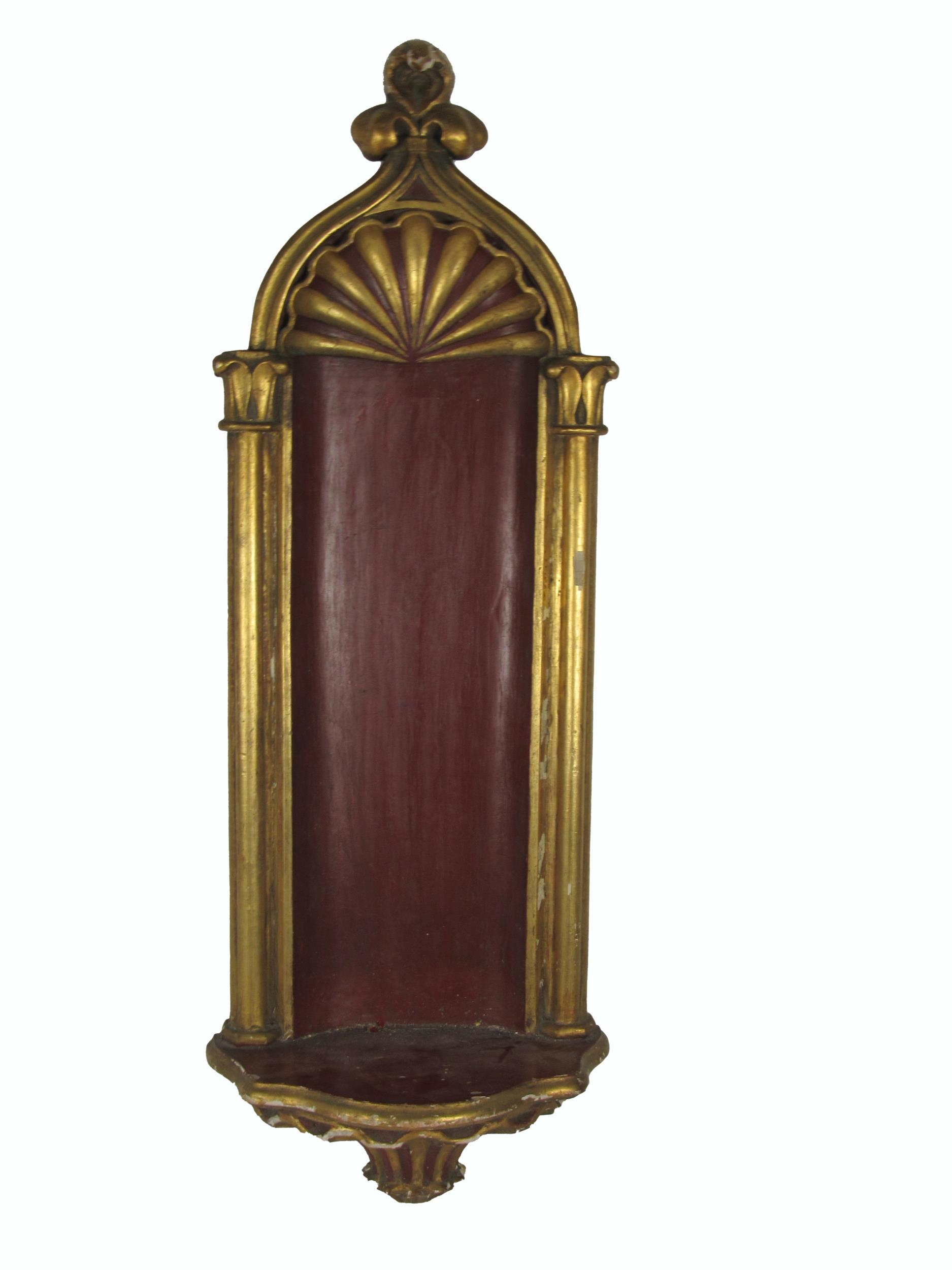 A tall carved antique giltwood Wall Niche, with painted background, in rust red and underneath