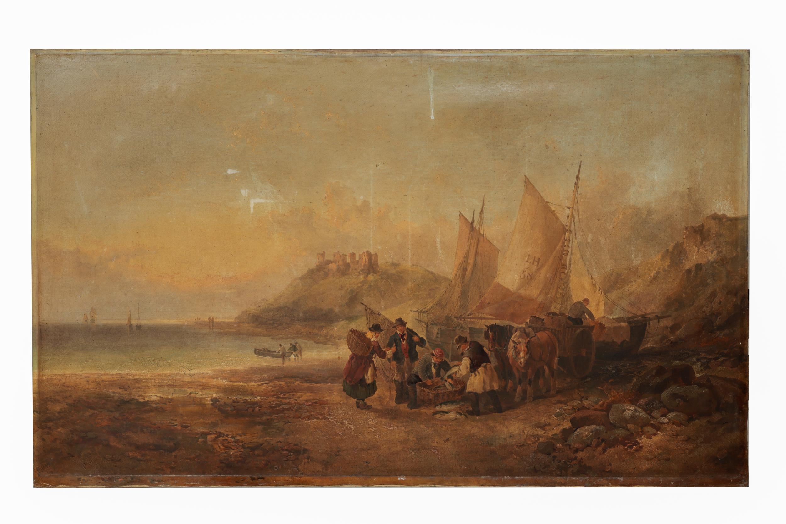 George Morland (1763-1804) (Style of)   "View of Criccieth Castle in Wales, with Fishing boats  c.