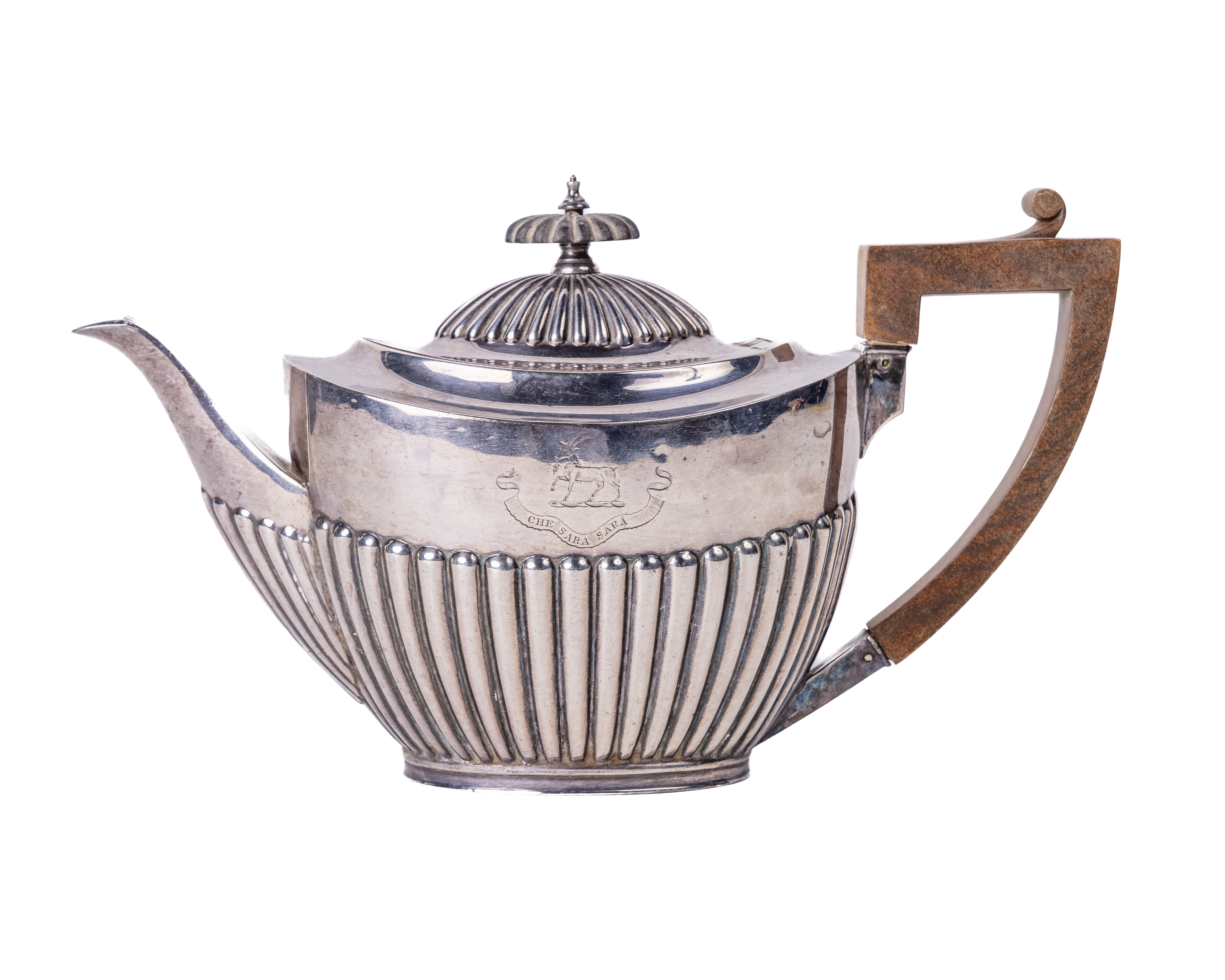 An attractive Georgian style medium sized Teapot, the hinged domed top with ebonised finial, and