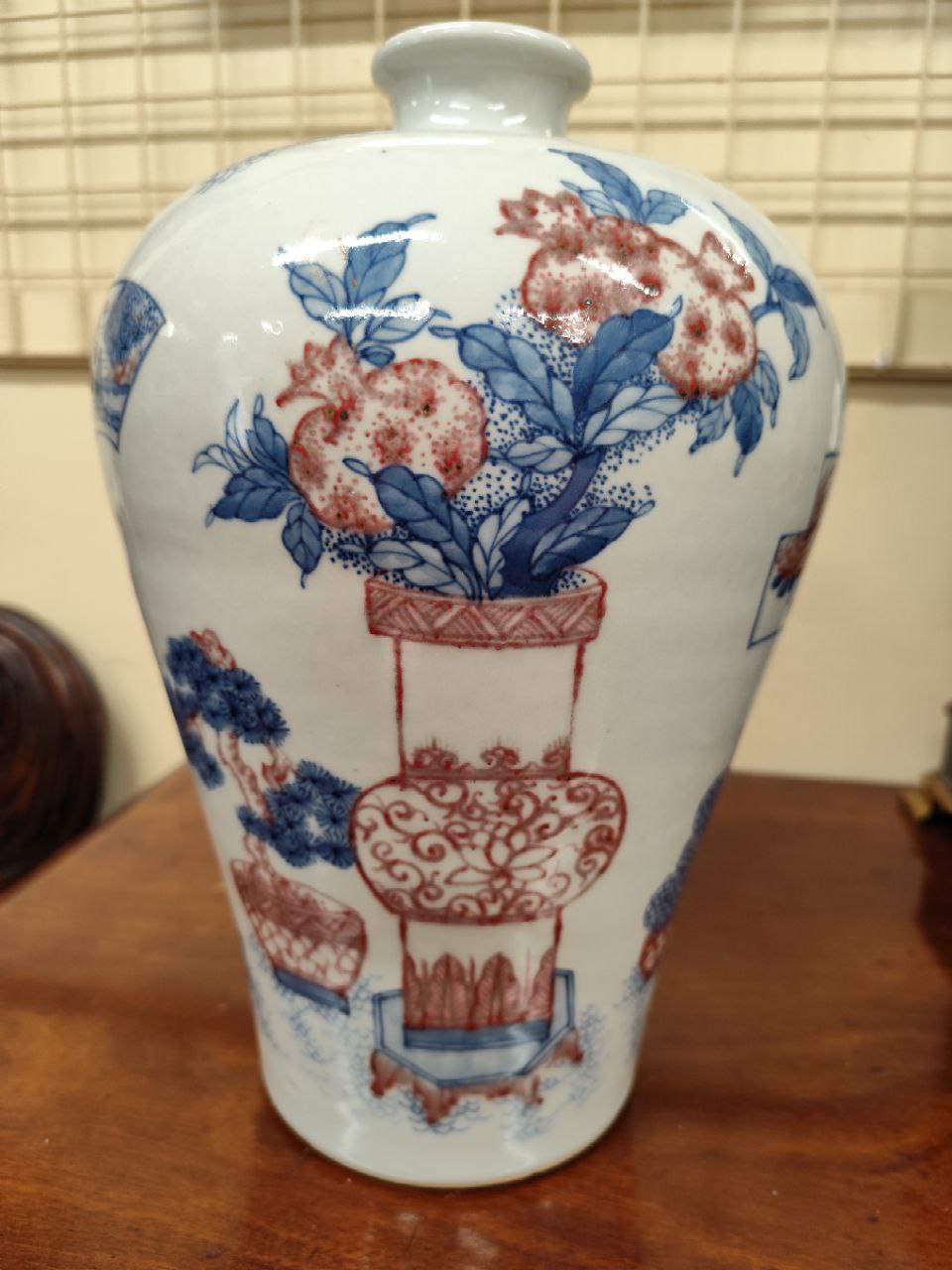 An attractive tall Chinese blue and white Vase, decorated with iron red 'Meiping' vase and - Image 3 of 9