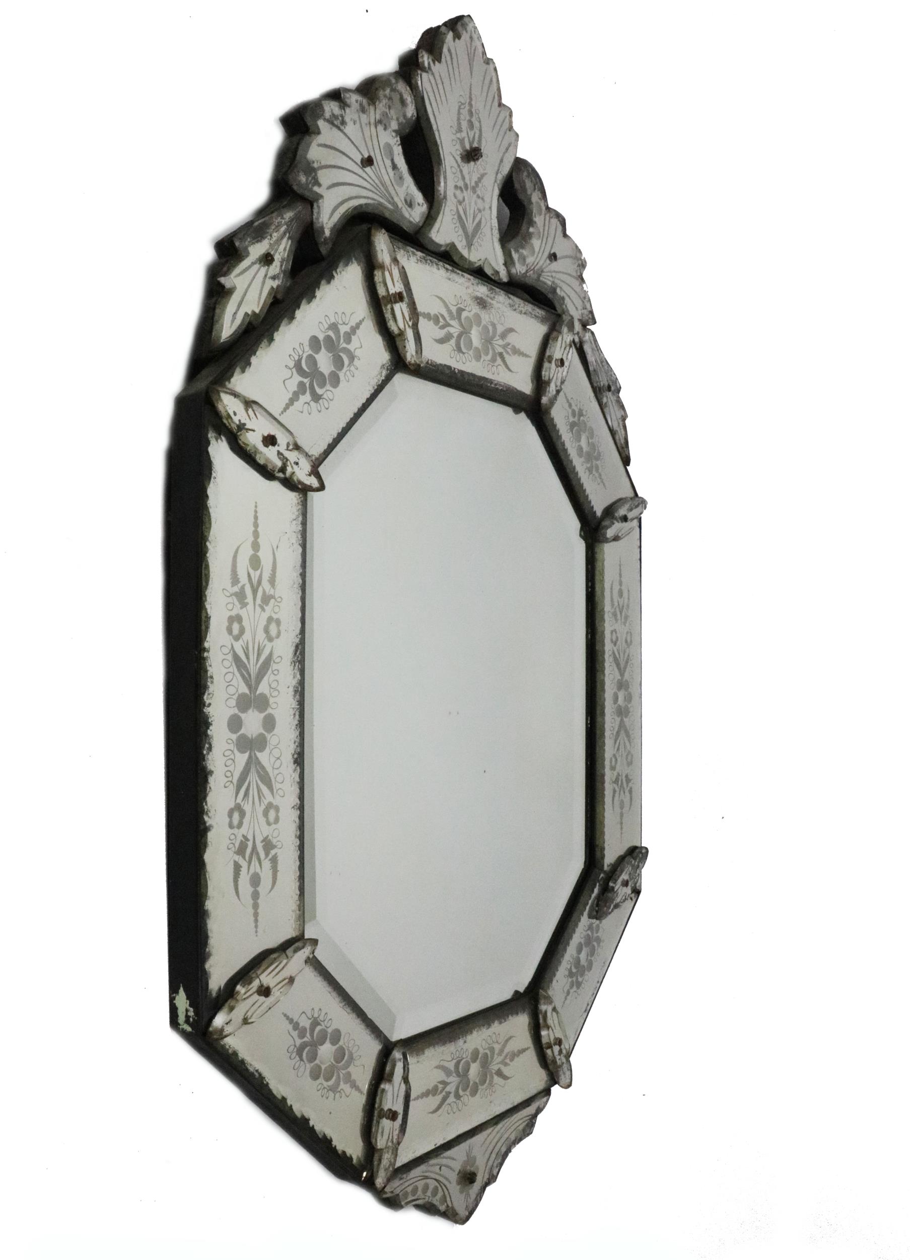 An antique Venetian glass ornate Wall Mirror, with shaped cornice, etched panels, approx. 99cms x