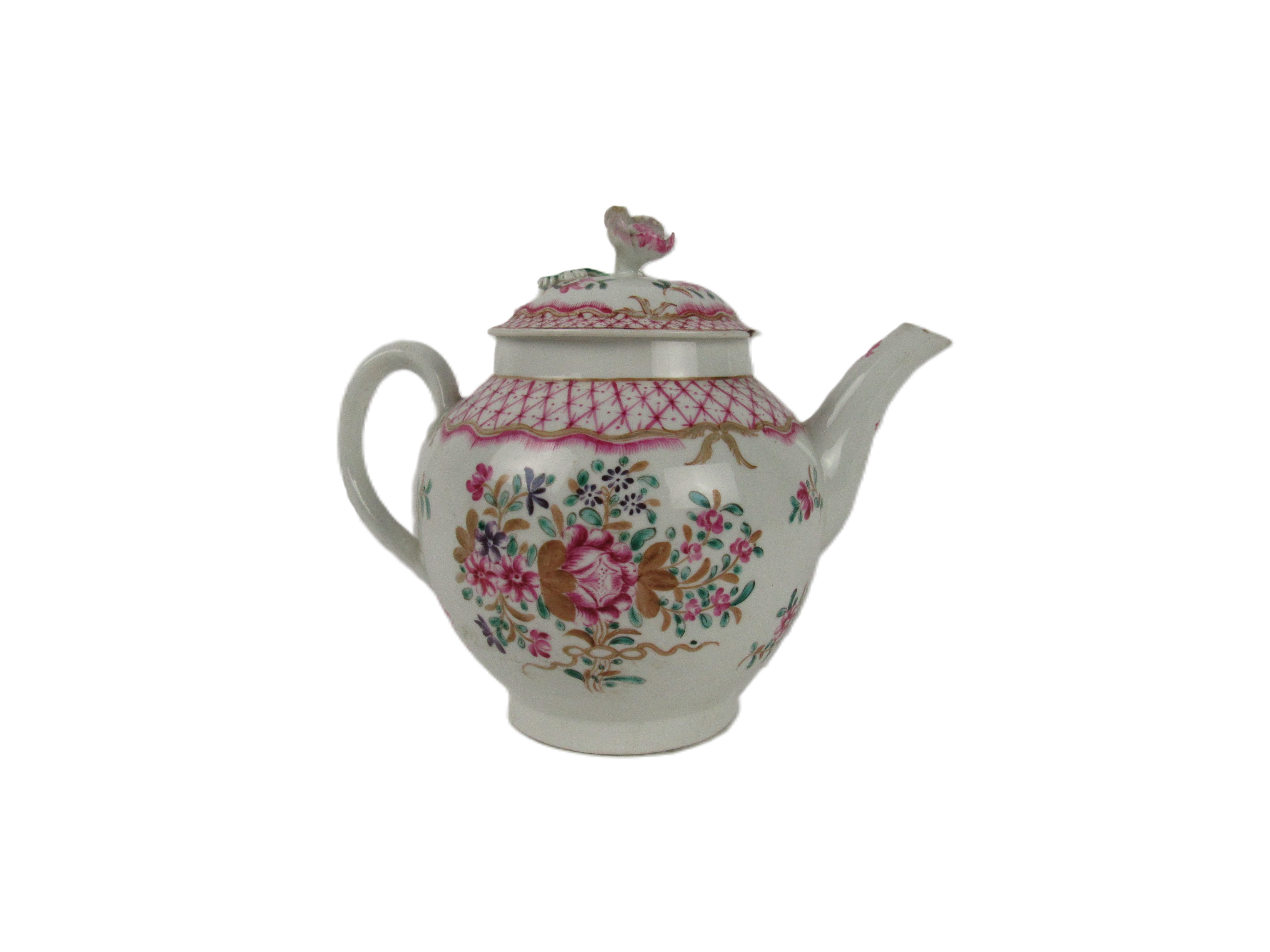 A rare large Lowestoft porcelain Teapot and lid, decorated with Rose-du-Barry and other flowers, and - Image 2 of 2