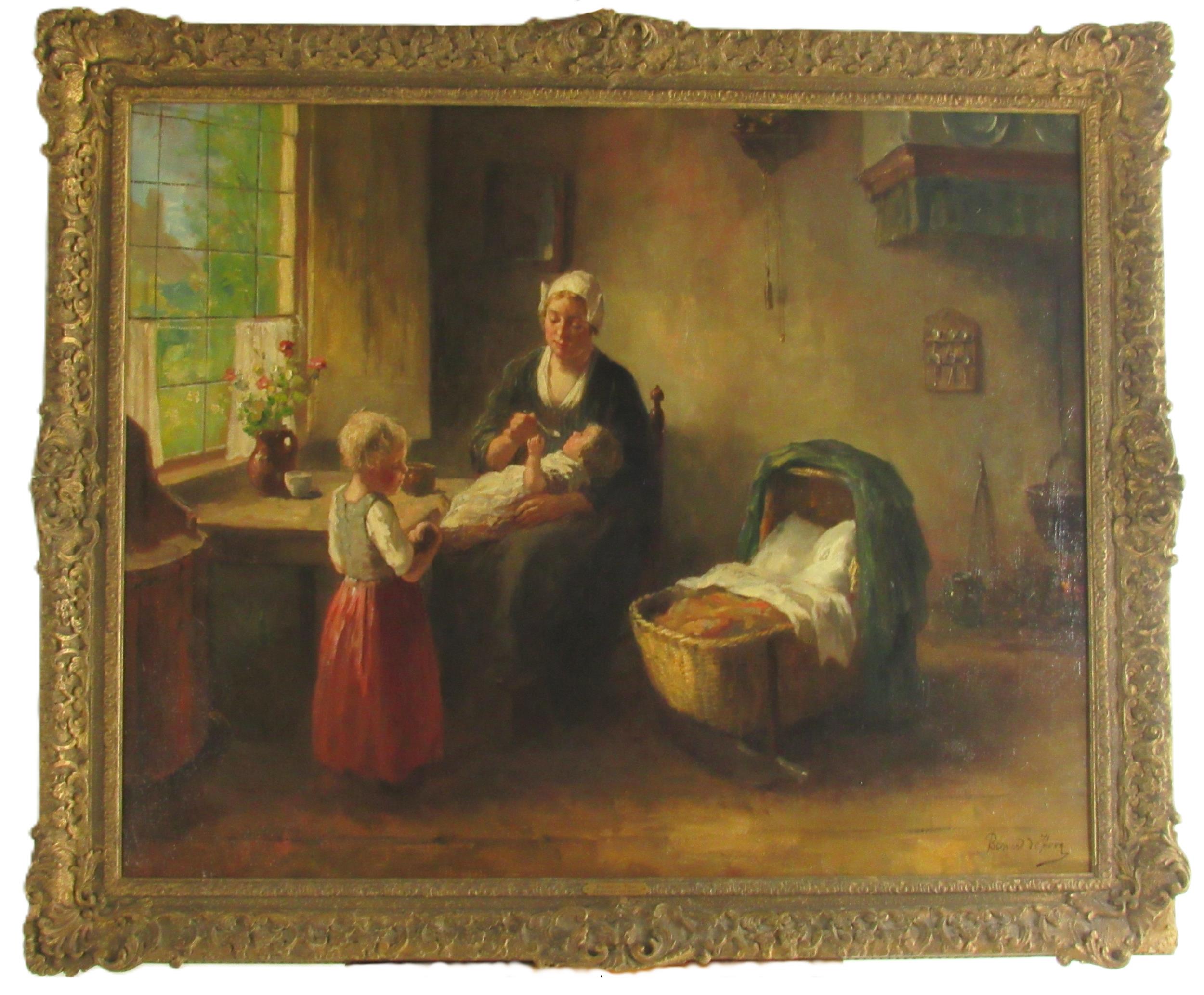 Bernard de Hoog, Dutch (1867-1943) "Breakfast Time, O.O.C., large interior scene with Mother feeding