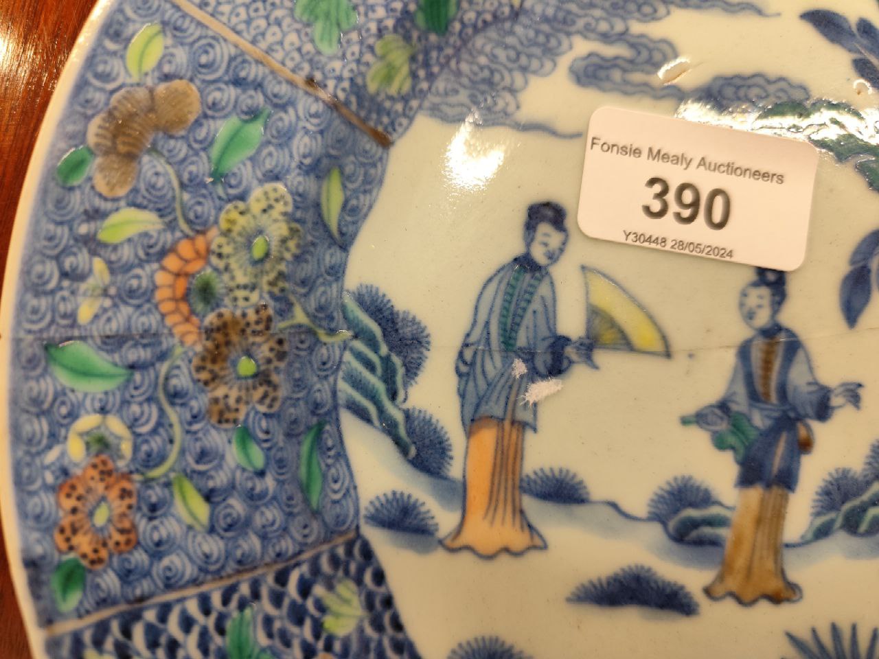 A pair of Chinese Qing period 18th Century Plates, Doucai, decorated with landscape and figures - Image 6 of 9