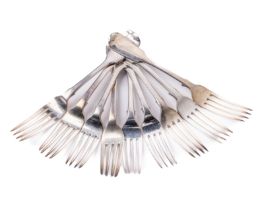 A set of 9 Georgian & Victorian fiddle pattern silver Dinner Forks (Irish & English), some with
