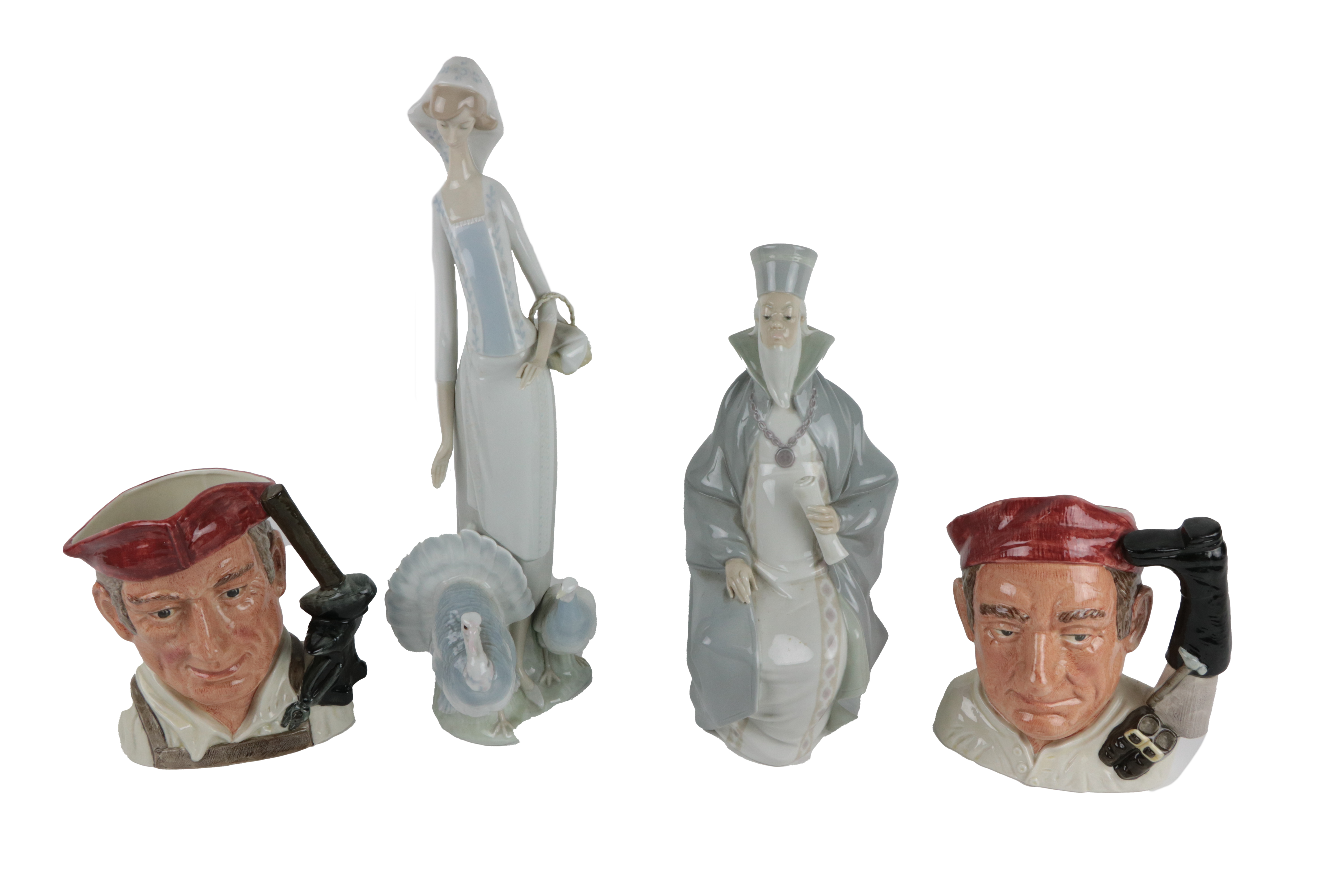 A "Lladro" porcelain Figure, of "The Turkey Girl," and "The Wise Man,"; together with two Royal