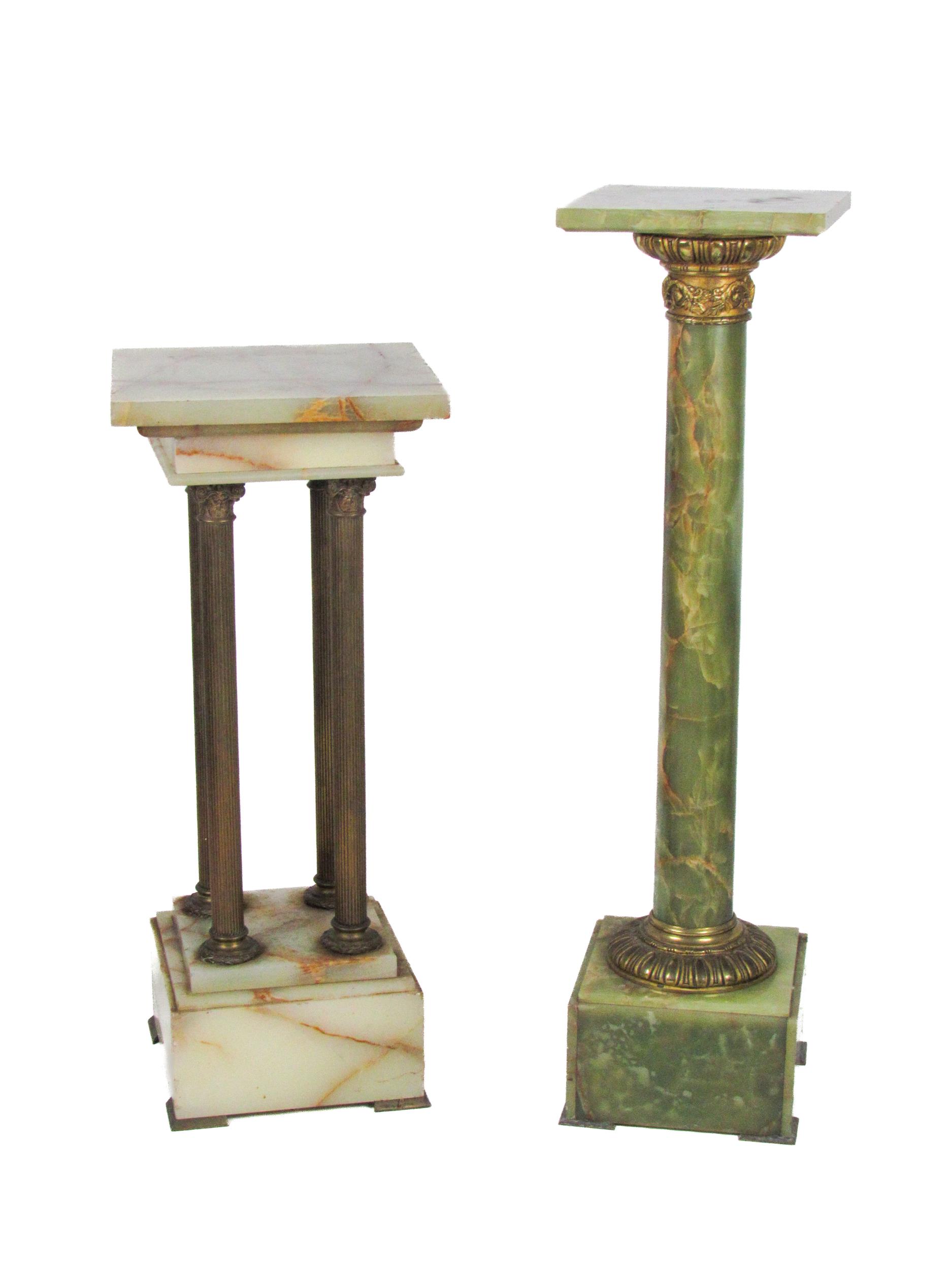 A 20th Century onyx marble Plinth Pillar, the square top supported by four brass Corinthian