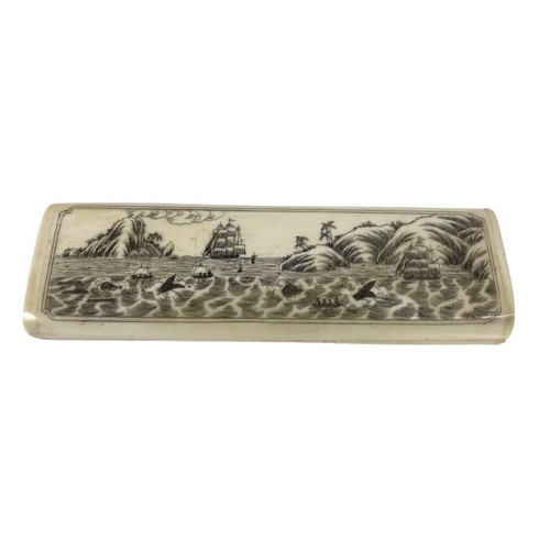 A good etched Scrimshaw, depicting a busy whaling scene with numerous ships and boats by a