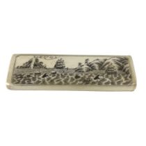 A good etched Scrimshaw, depicting a busy whaling scene with numerous ships and boats by a