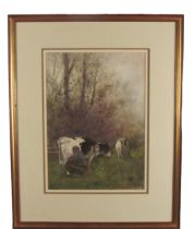19th Century Continental School "Milking Time," watercolour, depicting farmer seated with cows in