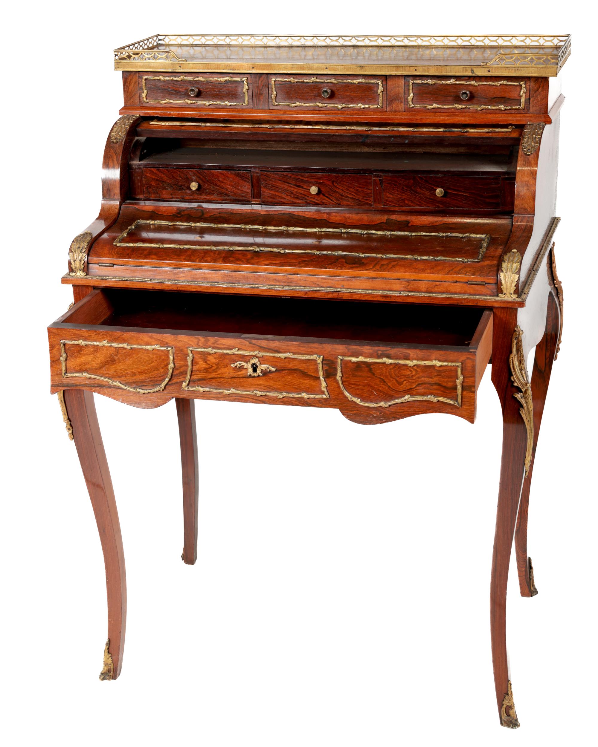 A fine quality Ladies rosewood Bureau, the plain top with pierced brass gallery over three frieze - Image 2 of 2