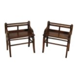 A pair of Victorian oak Hall Seats, attributed to Joe Shoolbred & Co., each back with two open