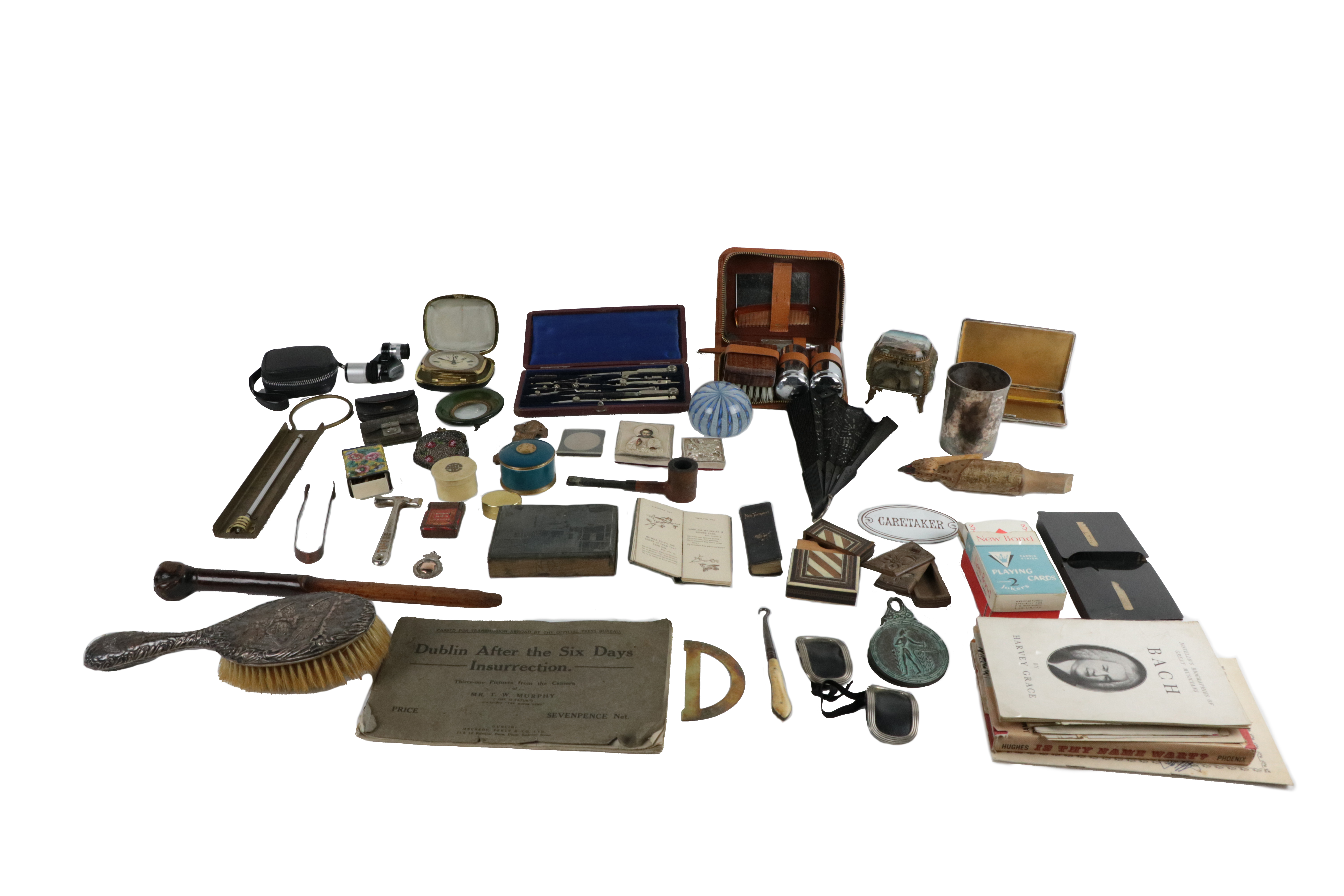 A box lot of varied Items, mostly small boxes, a cased set of Drawing Instruments, plated shoe