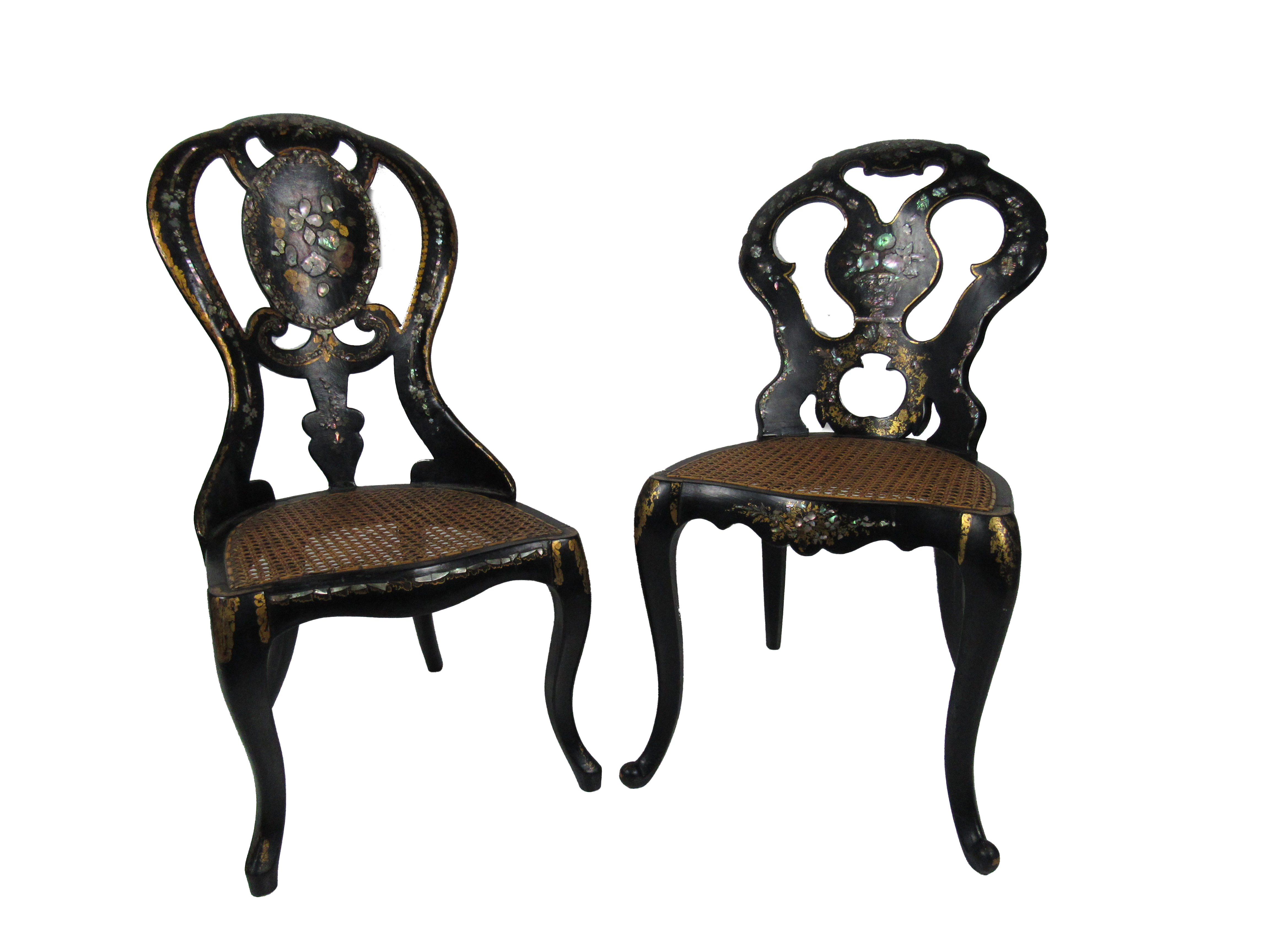 An attractive pair of Victorian ebonised Side Chairs, each shaped back with painted and mother-o- - Image 2 of 2