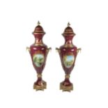 A pair of monumental Regency style ormolu mounted and gilded metal Urns, with decorative painted