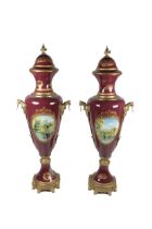 A pair of monumental Regency style ormolu mounted and gilded metal Urns, with decorative painted