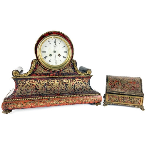 A 19th Century boulle Mantle Clock, the circular enamel dial with Roman numerals over a concave