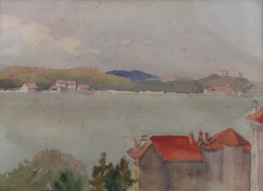 J.M. Wade, Wade, 20th Century English School "Coastal Scene with buildings in foreground and