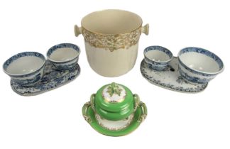 A Royal Doulton porcelain Bucket, with gilt decoration, two varied antique blue and white strainers,