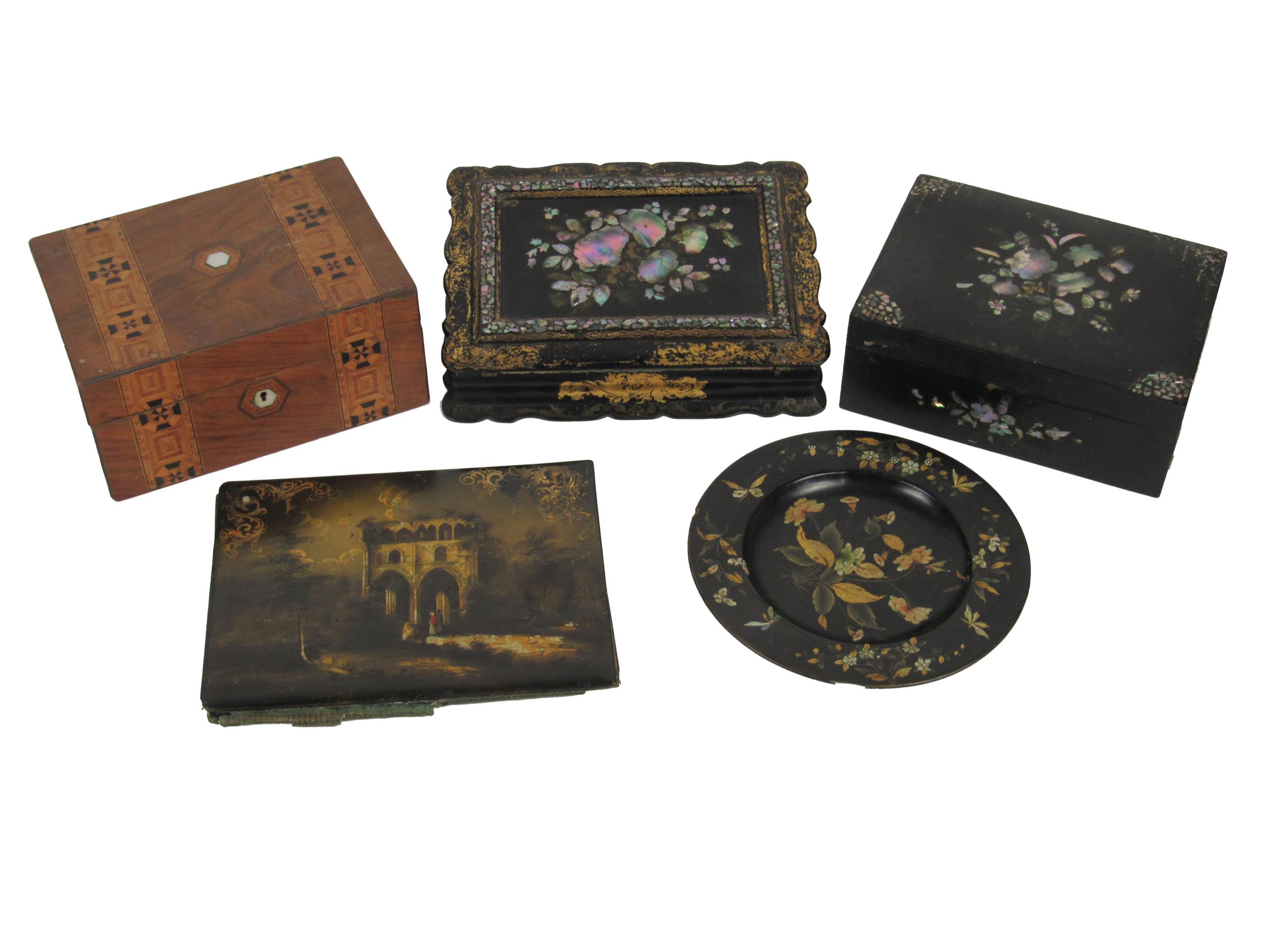 A Victorian papier mache Writing Slope, a similar Jewellery Box, each with mother-o-pearl etc.,