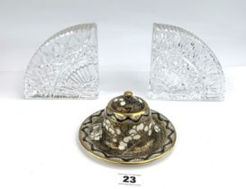 Glass bookends & Maling inkwell