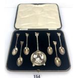 Silver tea spoons & strainer set