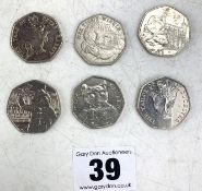 6 x UK Fifty pence coins