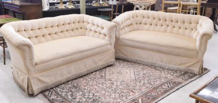 Pair of French style button-back upholstered settees, in cream basket weave velvet upholstery, 60"