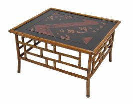 Decorative bamboo low rectangular coffee table, the top with lacquered chinoiserie chevron