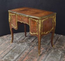 French Louis XV style marquetry kingwood bureau plat applied with cast gilt metal, with five drawers