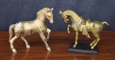 Chinese bronze figural study of a walking horse, mounted upon a wooden plinth, 10" high overall;