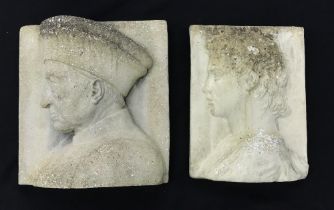 Two similar reconstituted stone bust portrait plaques, cast in side profile of a religious figure