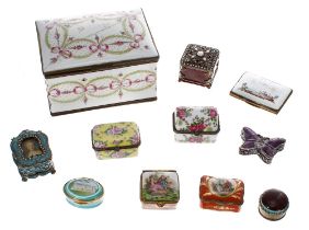 Group of porcelain pill boxes, trinket pots and boxes including by Limoges, also a Staffordshire